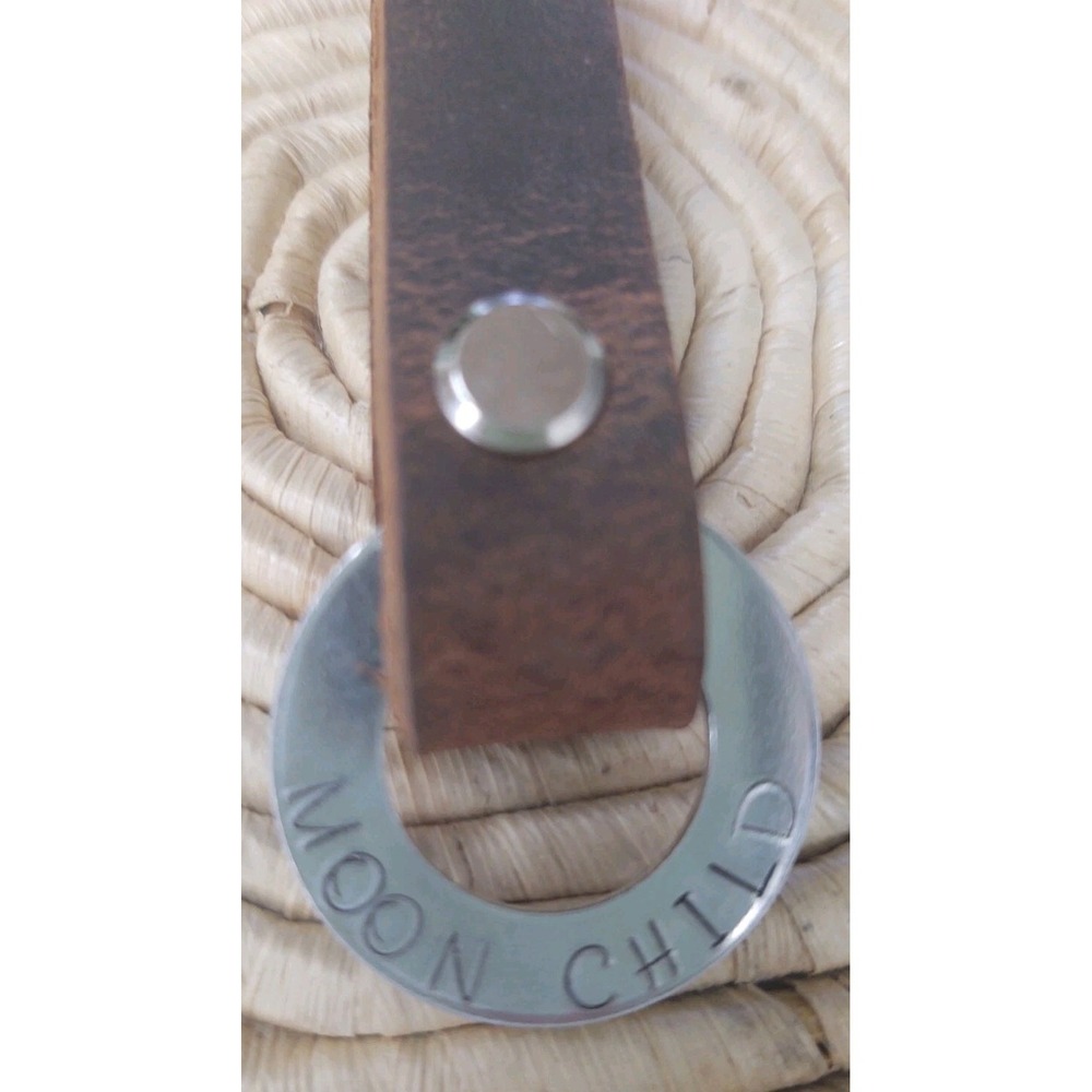 "MOON CHILD" Leather Keychain Key Fob Hooks on Belt Loop Hand Stamped Message